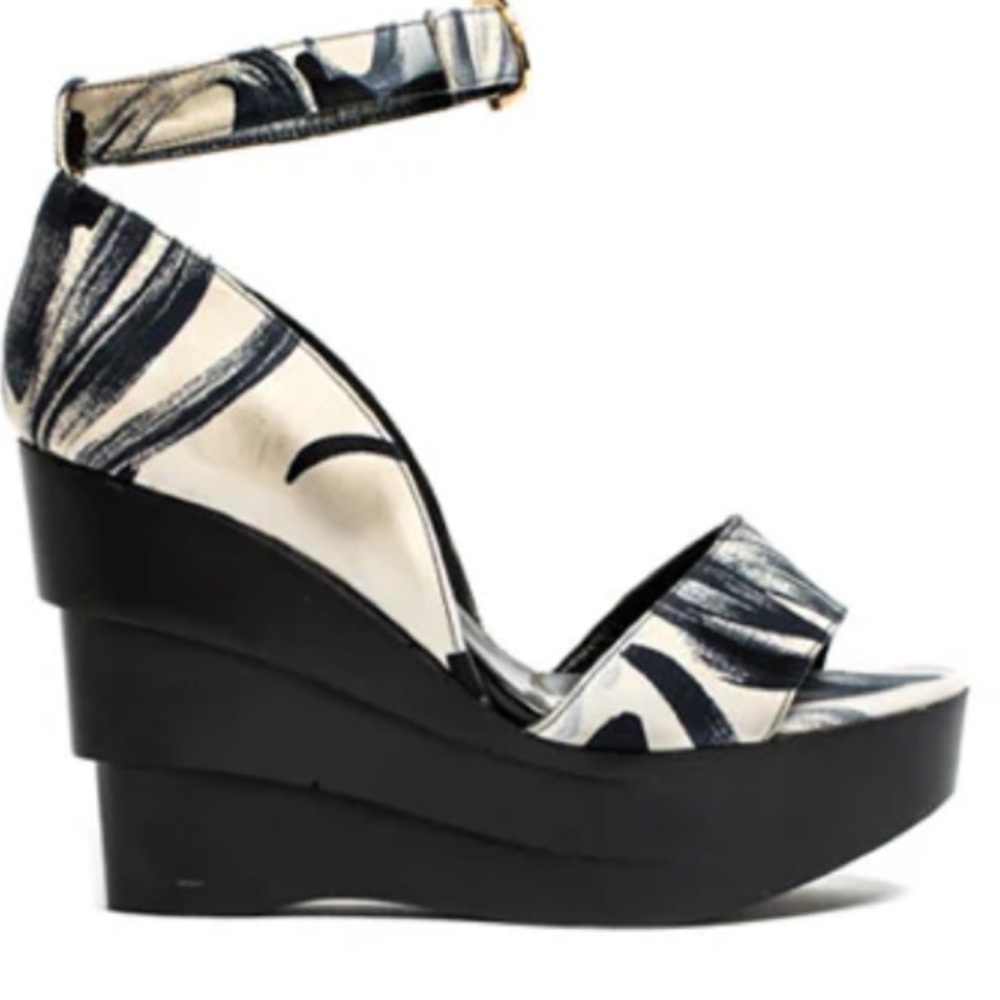 Robert‎ Clergerie Stack Wedge Sandals Womens 6 Screen Printed Block & Boom